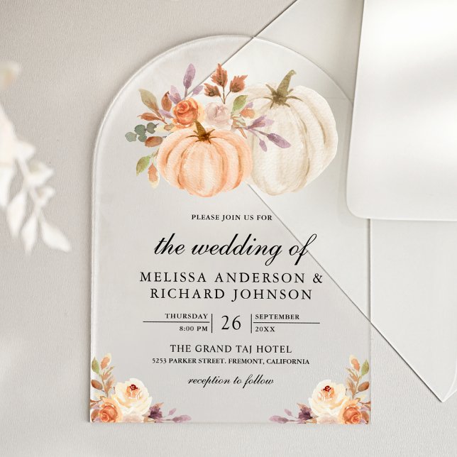 Invitaciones Acrílicas Rustic Earthy Dusty Peach Floral Pumpkin Wedding (Subido por el creador)