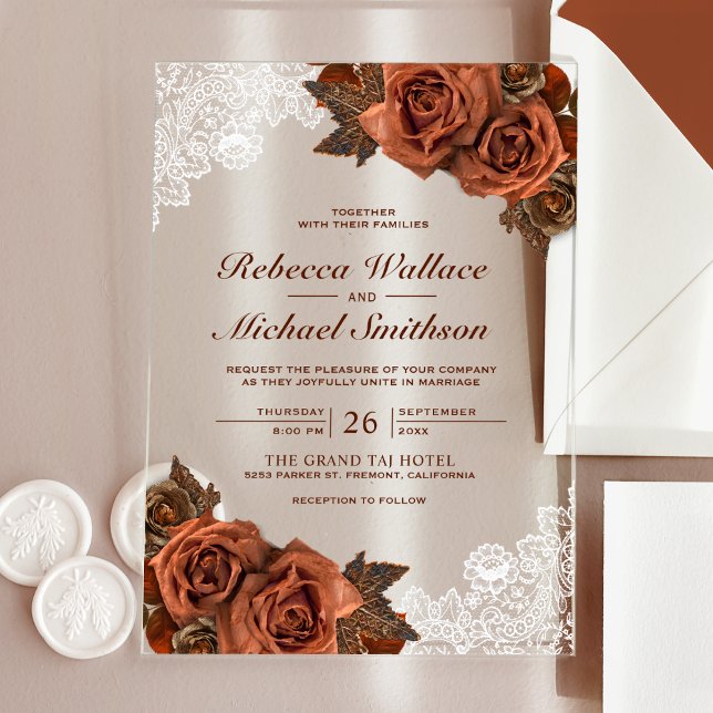 Invitaciones Acrílicas Rustic Earthy Dusty Terracotta Rose Lace Wedding (Subido por el creador)