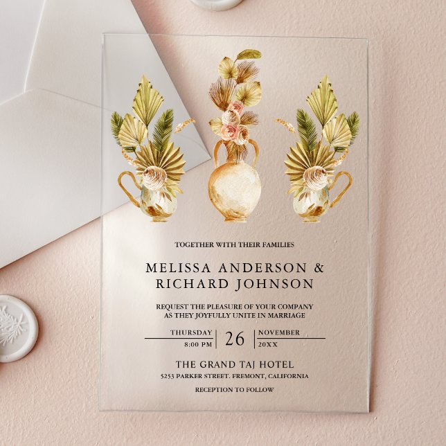 Invitaciones Acrílicas Rustic Earthy Floral Pots Dried Boho Palm Wedding (Subido por el creador)