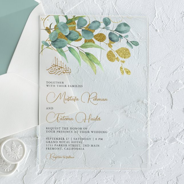 Invitaciones Acrílicas Rustic Eucalyptus Gold Branch Islamic Wedding (Subido por el creador)