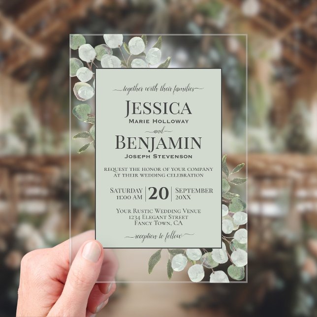 Invitaciones Acrílicas Rustic Eucalyptus & Greenery Stylish Text Wedding (Clear Acrylic with Rectangle Cut)