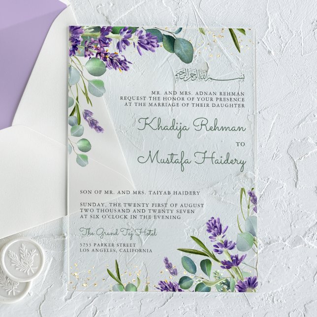 Invitaciones Acrílicas Rustic Eucalyptus Lavender Floral Islamic Wedding (Subido por el creador)