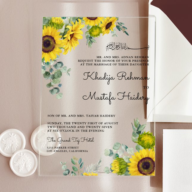 Invitaciones Acrílicas Rustic Eucalyptus Sunflower Islamic Muslim Wedding (Subido por el creador)