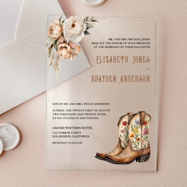 Invitaciones Acrílicas Rustic Floral Western Cowboy Boots Wedding (Subido por el creador)