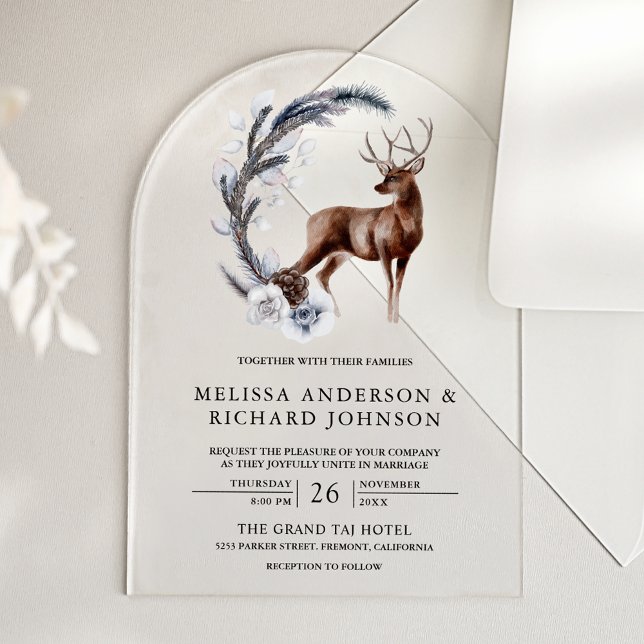 Invitaciones Acrílicas Rustic Frosted Pine Leaves Forest Deer Wedding (Subido por el creador)