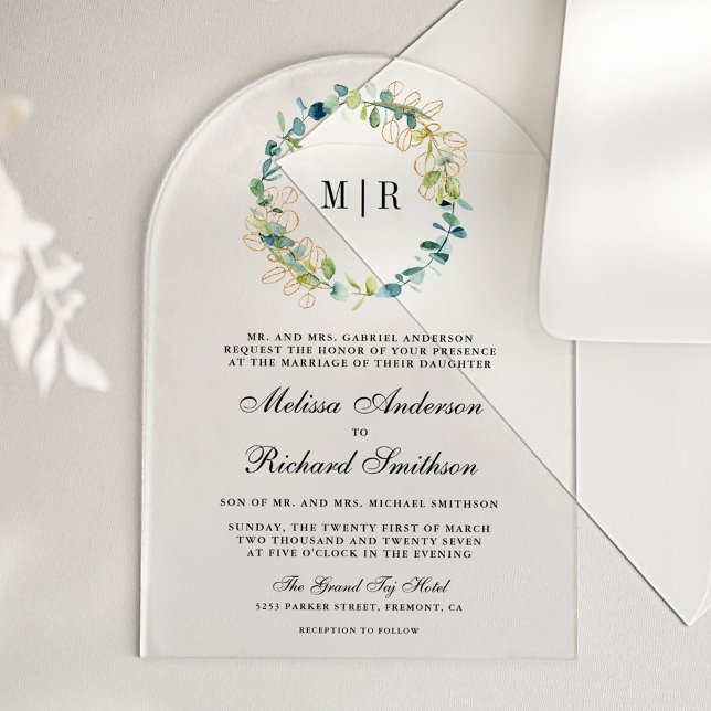 Invitaciones Acrílicas Rustic Gold Eucalyptus Wreath Wedding (Subido por el creador)