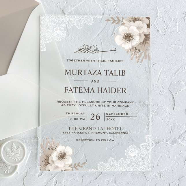 Invitaciones Acrílicas Rustic Lace Ivory Floral Islamic Wedding (Subido por el creador)