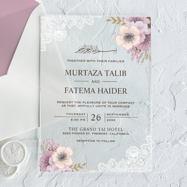 Invitaciones Acrílicas Rustic Lace Pink Floral Islamic Wedding (Subido por el creador)