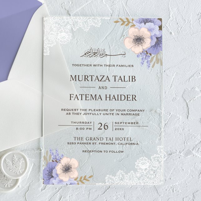 Invitaciones Acrílicas Rustic Lace Purple Floral Islamic Wedding (Subido por el creador)