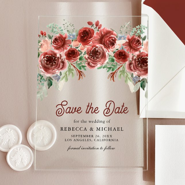 Invitaciones Acrílicas Rustic Marsala Floral Wedding Save the Date (Subido por el creador)