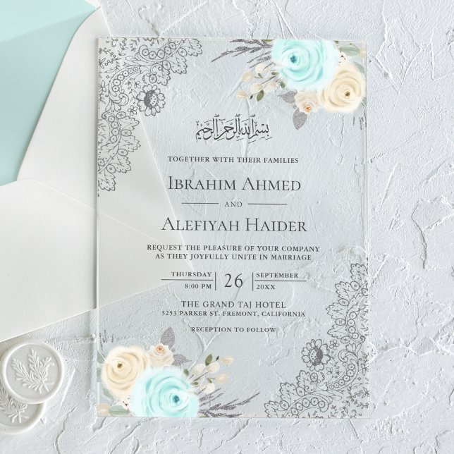 Invitaciones Acrílicas Rustic Mint Green Floral Lace Muslim Wedding (Subido por el creador)