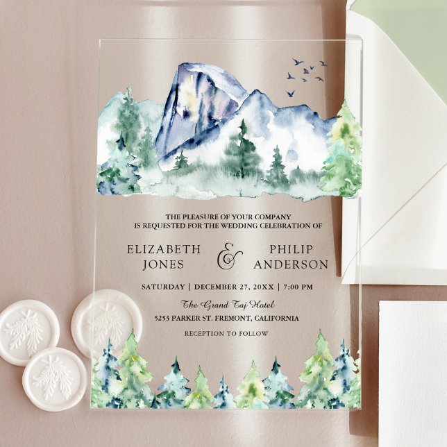 Invitaciones Acrílicas Rustic Mountain Pine Trees Forest Wedding (Subido por el creador)