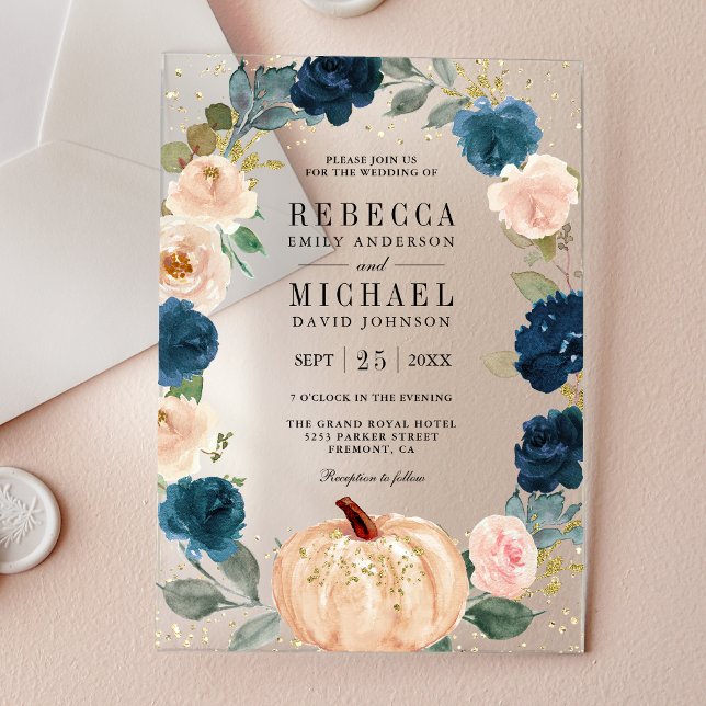 Invitaciones Acrílicas Rustic Navy Blue and Peach Floral Pumpkin Wedding (Subido por el creador)
