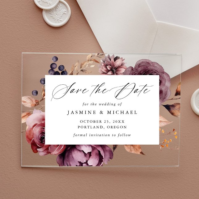 Invitaciones Acrílicas Rustic Otoño Marsala Floral Wedding Save the Date (Subido por el creador)