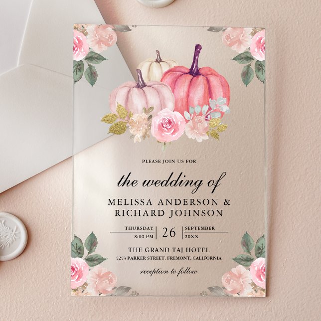 Invitaciones Acrílicas Rustic Pink and Gold Pumpkin Floral Wedding (Subido por el creador)