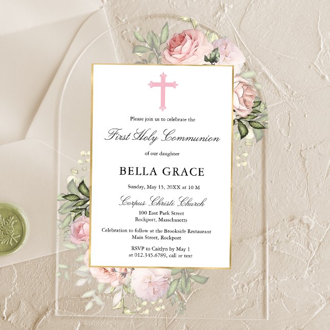 Invitaciones Acrílicas Rustic Pink Rose Floral First Holy Communion (Subido por el creador)