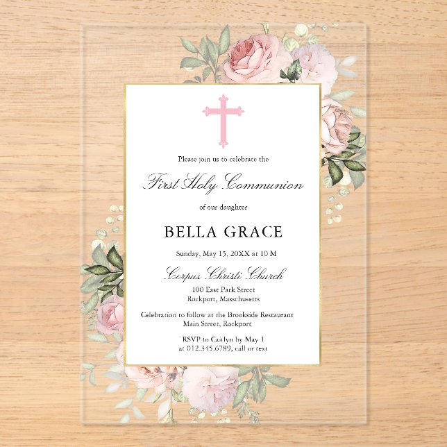 Invitaciones Acrílicas Rustic Pink Rose Floral First Holy Communion (Anverso)