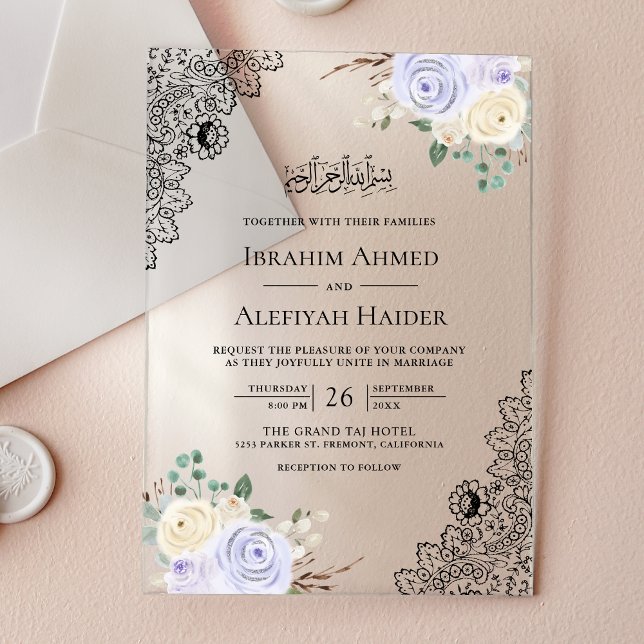 Invitaciones Acrílicas Rustic Purple Floral Lace Muslim Wedding (Subido por el creador)