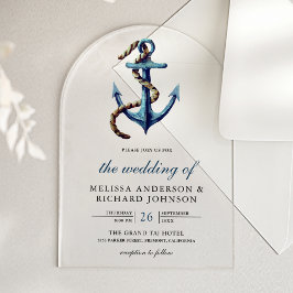 Invitaciones Acrílicas Rustic Rope Navy Blue Anchor Nautical Wedding 