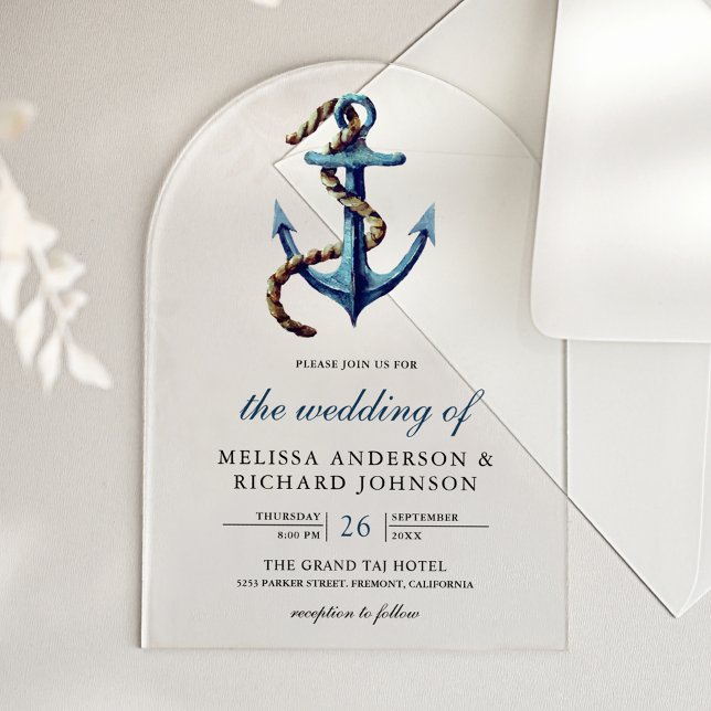 Invitaciones Acrílicas Rustic Rope Navy Blue Anchor Nautical Wedding  (Subido por el creador)