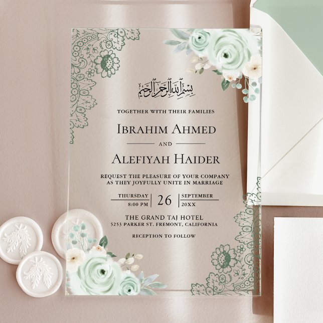 Invitaciones Acrílicas Rustic Sage Green Floral Lace Muslim Wedding (Subido por el creador)