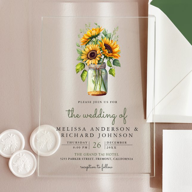 Invitaciones Acrílicas Rustic Sunflowers Mason Jar Wedding (Subido por el creador)