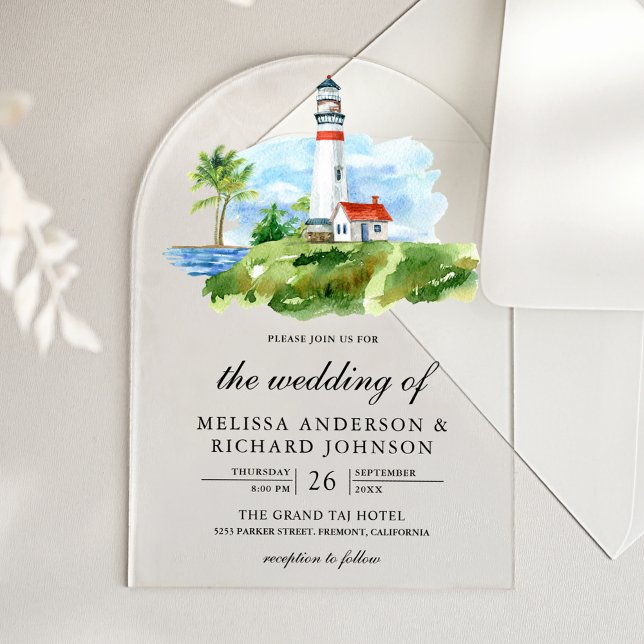 Invitaciones Acrílicas Rustic Watercolor Lighthouse Nautical Wedding (Subido por el creador)