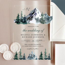 Invitaciones Acrílicas Rustic Watercolor Mountain Forest Winter Wedding