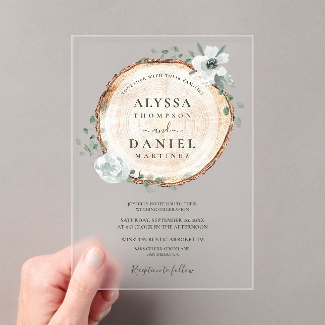 Invitaciones Acrílicas Rustic Wood Slice Greenery Wedding (Insitu (portátil))