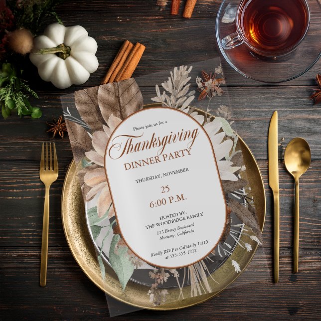 Invitaciones Acrílicas Rústica cena de Acción de Gracias con tonos apagad (Elegant Muted Rustic Floral Thanksgiving Dinner Party Acrylic Invitation)