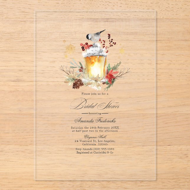Invitaciones Acrílicas Rústica Linterna de Invierno, ducha transparente d (Anverso)