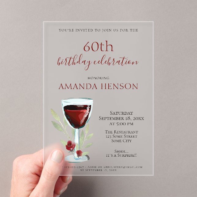 Invitaciones Acrílicas Rústico 60 cumpleaños sorpresa de vino rojo (Insitu (portátil))