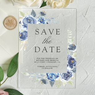 Invitaciones Acrílicas Rustico Ahorra la Fecha de Boda Floral Azul Polvor