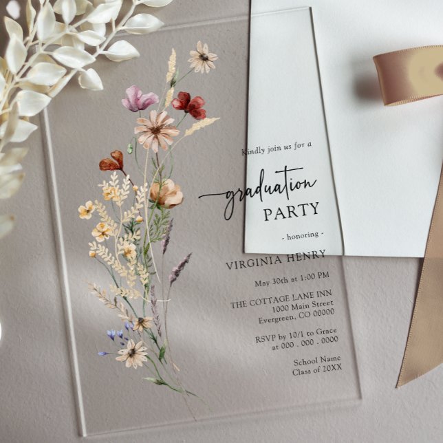 Invitaciones Acrílicas Rústico Boho Graduación de Flores Silvestres (Rustic Boho Wildflower Graduation Party Acrylic Invitations by Painted Paperie
)