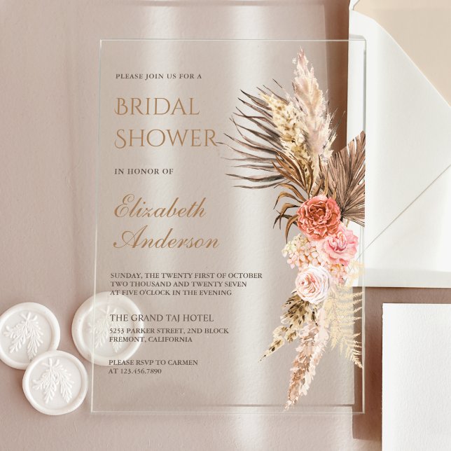 Invitaciones Acrílicas Rústico Boho Terroso Floral Pampas Despedida de So (Subido por el creador)