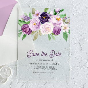 Invitaciones Acrílicas Rústico Floral Púrpura para Bodas Save the Date