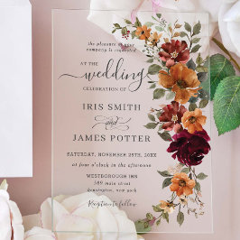 Invitaciones Acrílicas Rústico Naranja quemado en Borgoña Boda floral de