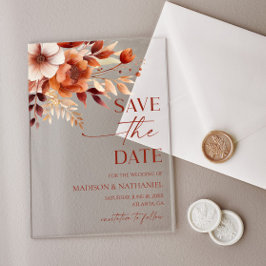 Invitaciones Acrílicas Rusty Burgundy Brown Floral Wedding Save The Date