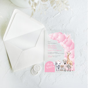 Invitaciones Acrílicas Safari Animal Rubor Pink Wild Un Chica Cumpleaños