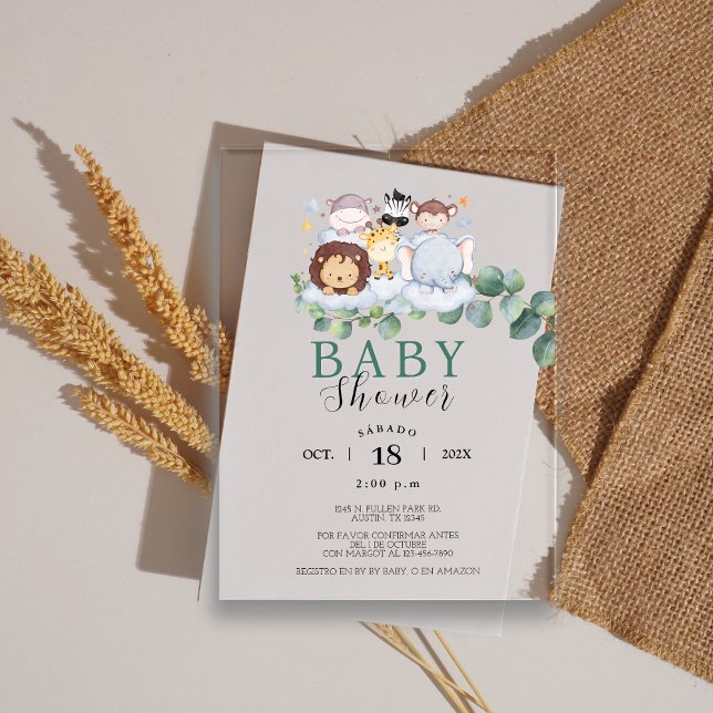 Invitaciones Acrílicas Safari Animals Selva Baby Shower Española (Safari Animals Spanish Baby Shower Jungle Acrylic Invitations)