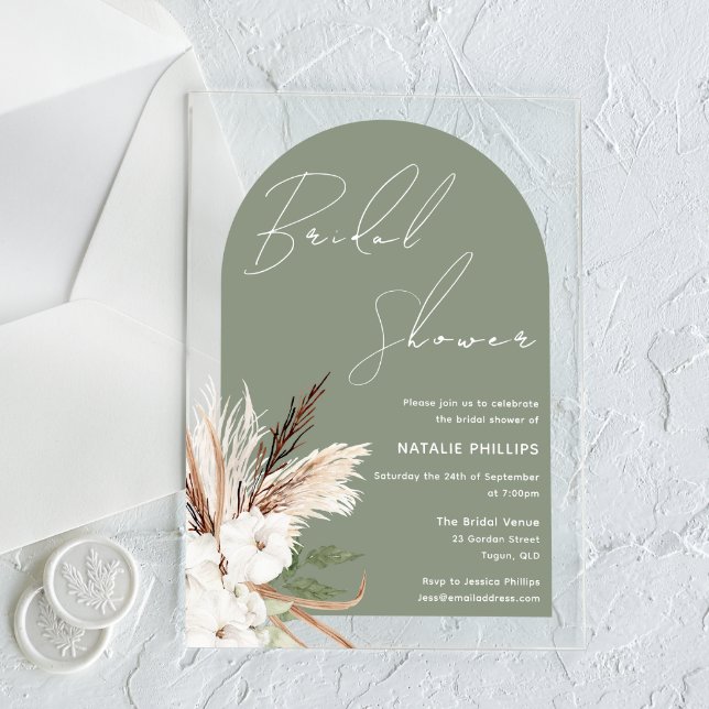 Invitaciones Acrílicas Sage Boho Arch White Floral Bridal Shower (Subido por el creador)