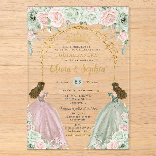 Invitaciones Acrílicas Sage Green Blush Floral Twins Gold Quinceañera 