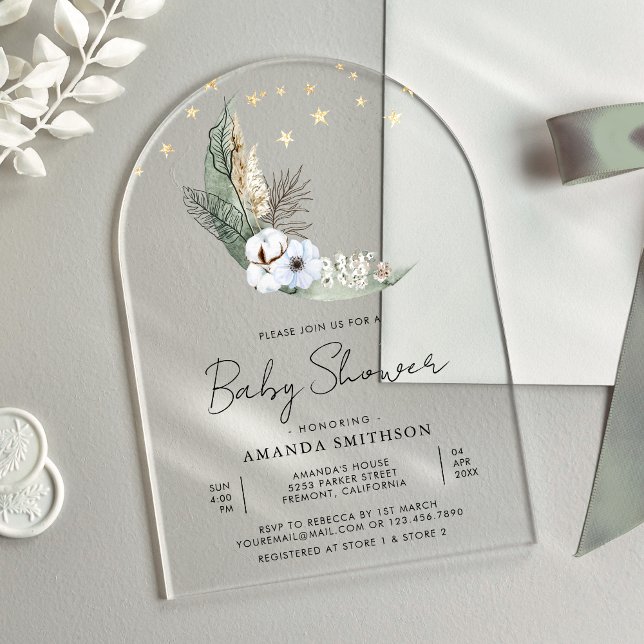 Invitaciones Acrílicas Sage Green Boho Floral Moon Arch Baby Shower (Subido por el creador)