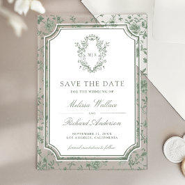 Invitaciones Acrílicas Sage Green Chinoiserie Crest Wedding Save the Date