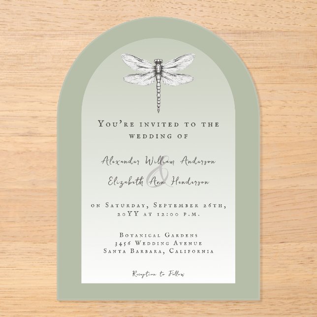 Invitaciones Acrílicas Sage Green Dragonfly Boda (Anverso)