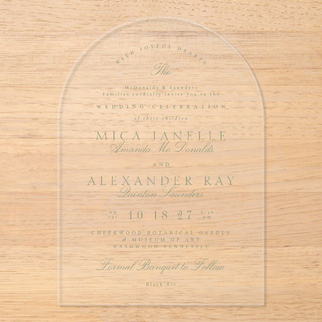 Invitaciones Acrílicas Sage Green Elegant Calligraphy Boda formal (Anverso)