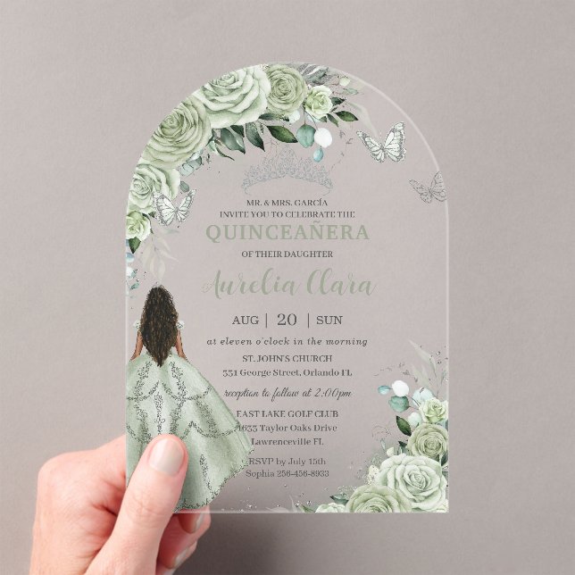 Invitaciones Acrílicas Sage Green Floral Brown Chica Quinceañera XV Arco (Insitu (portátil))