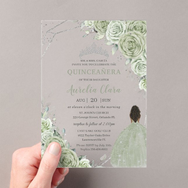 Invitaciones Acrílicas Sage Green Floral Brown Chica Silver 15 Quinceañer (Insitu (portátil))