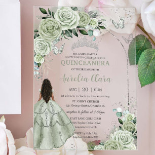Invitaciones Acrílicas Sage Green Floral Brown Chica Silver Quinceañera