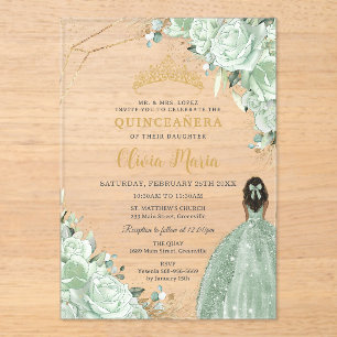 Invitaciones Acrílicas Sage Green Floral Brown Princess Gold Quinceañera